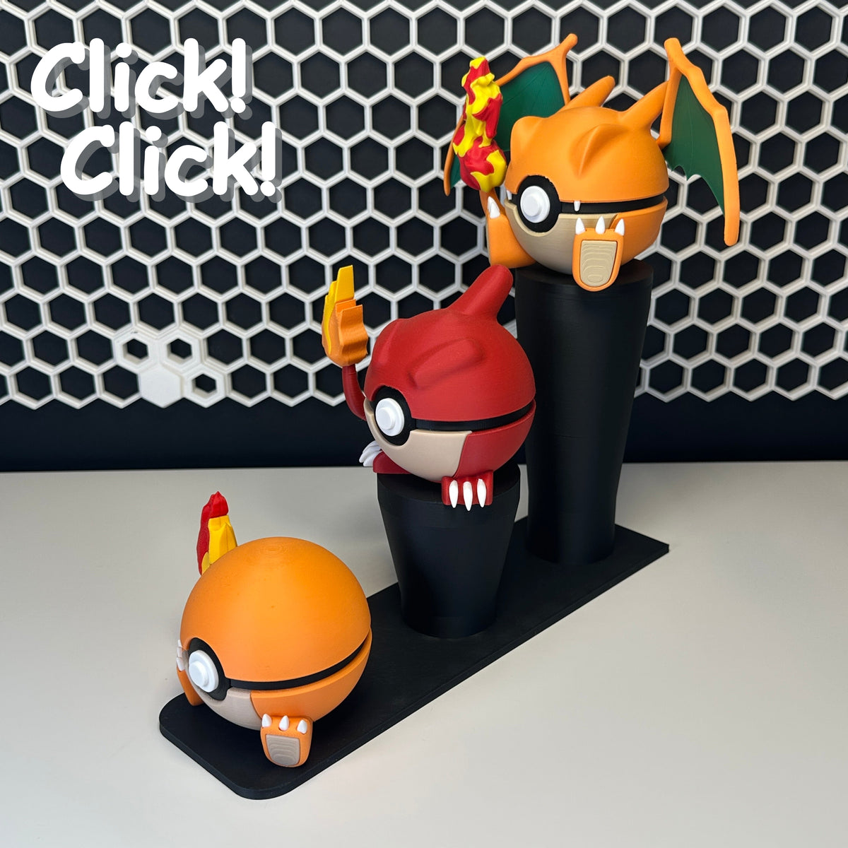 Pack Trío Fuego — 3 Figuras + Expositor Magnético — Clicker version