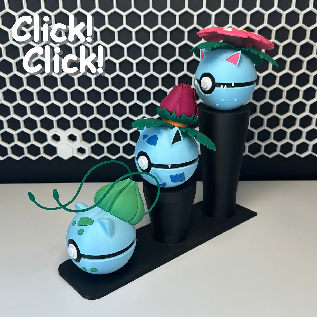 Pack Trío Planta — 3 Figuras + Expositor Magnético — Clicker version
