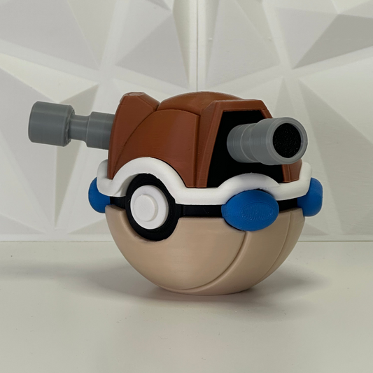 Primer plano de los cañones de agua de la Pokéball Blastoise fabricada en PLA Premium